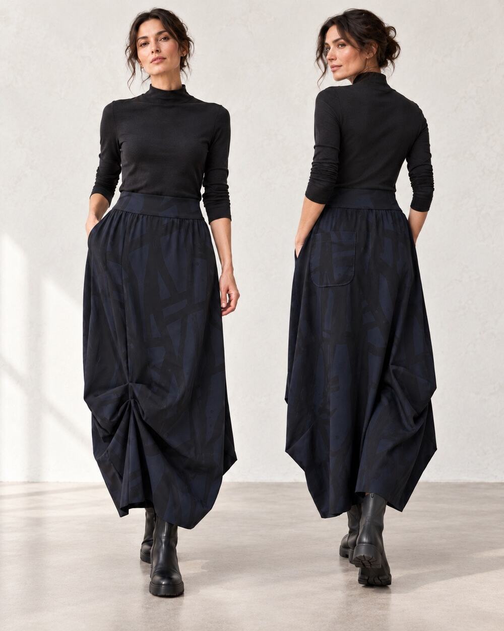 Porto SF Avant Garde Lagenlook Draped Asymmetric Midi Skirt Navy Black Italy 2